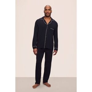 New Eberjey William PJ Set Black/Ivory Long Sleeve Button Up Pajama Pants Set L